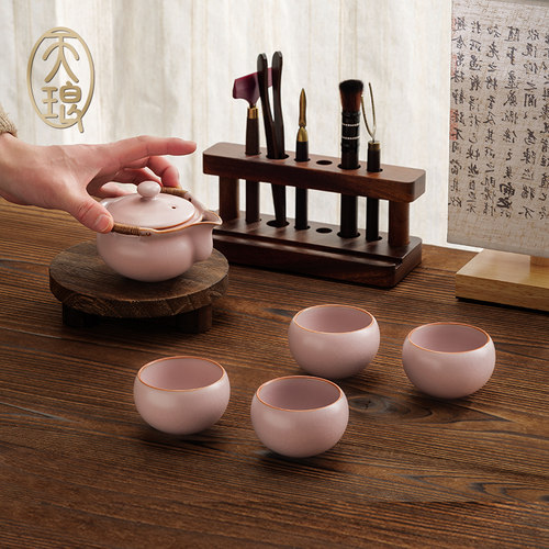高端汝窑 粉珀釉手抓壶一壶四杯 蝉翼纹可养开片高端茶具 禅定杯