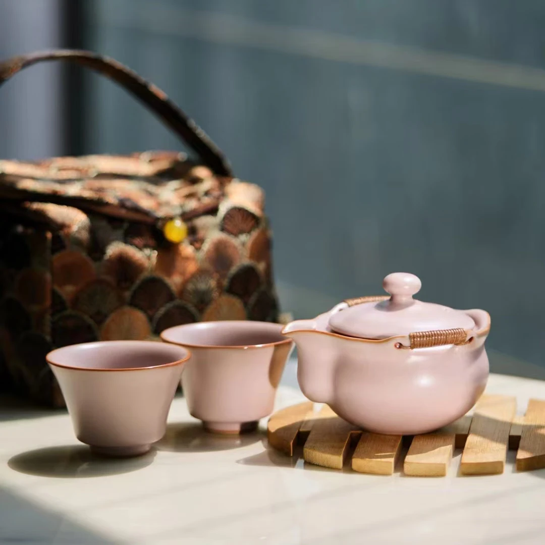 汝窑粉珀釉手抓壶套组 高端礼品送礼茶具茶器瓷器泡茶盖碗功夫茶