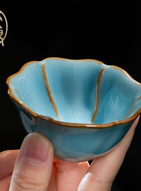 哥窑葵口杯高端礼品伴手礼 主人杯品茗茶具功夫青瓷茶杯瓷器汝窑