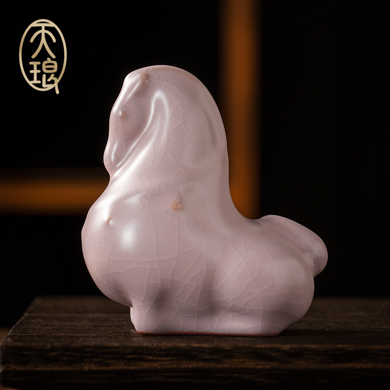 天琅窑 汝窑粉珀马茶宠 马壮福盈茶宠 蝉翼纹开片 高端陶瓷礼盒装