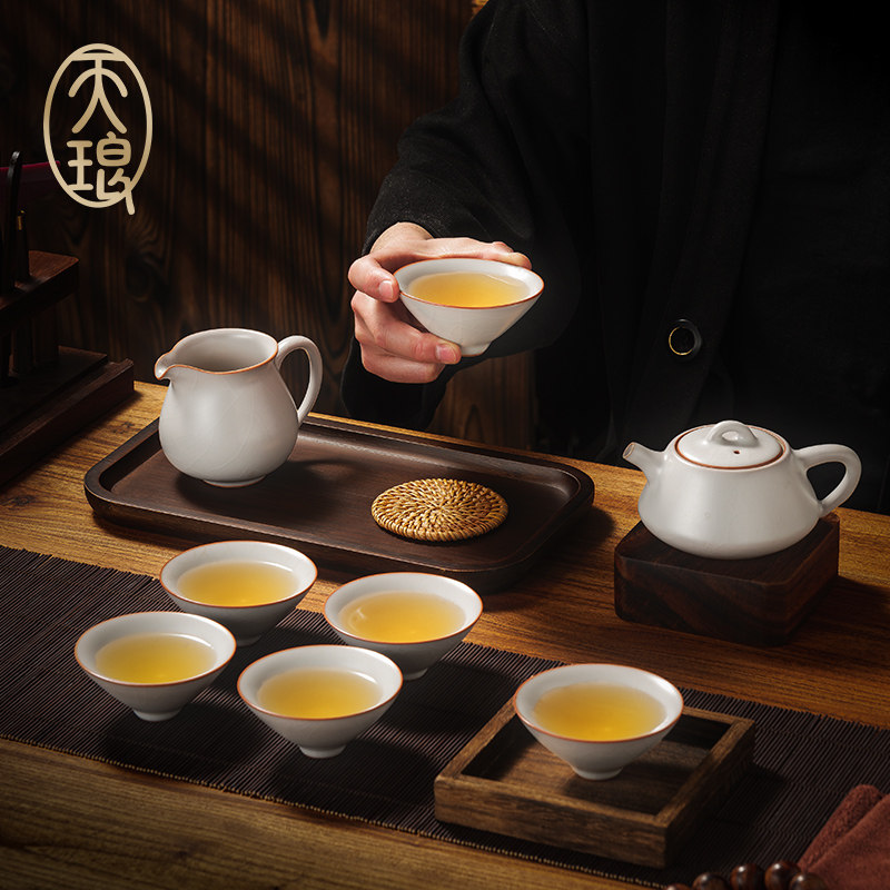 高端汝窑 羊脂白玉釉石瓢壶一壶一海六杯 蝉翼纹可养开片高端茶具