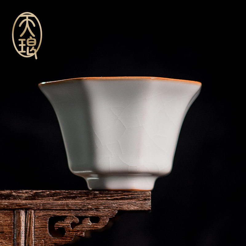 天琅窑 汝窑主人杯 羊脂白玉釉八方杯 可养开片高端茶杯收藏