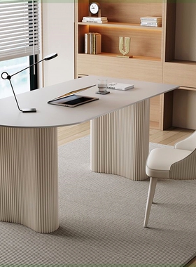 简约奶油风岩板电脑桌纯白家用书桌北欧现代办公桌小户型书房桌子