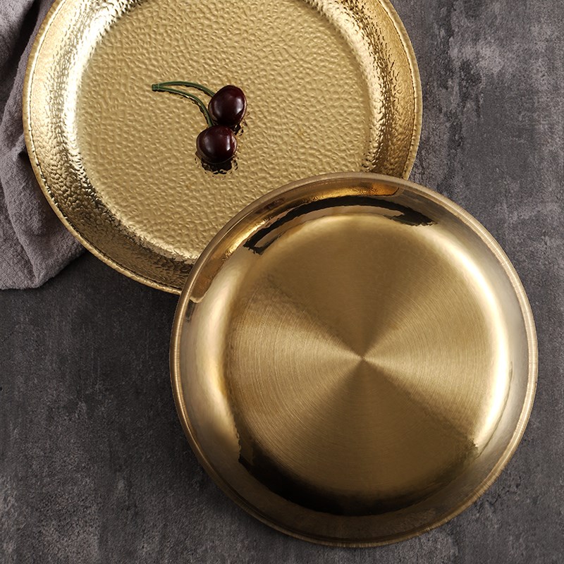 创意韩式不锈钢圆盘金色平底托z盘家用菜碟水果盘商用烧烤盘西餐
