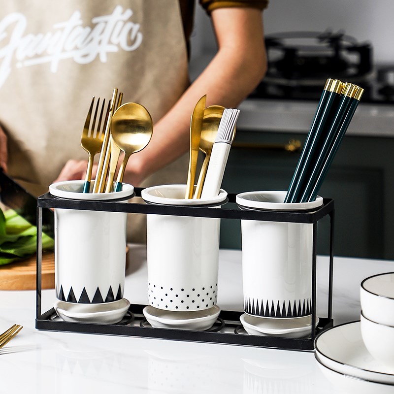 泰留恋 轻奢筷子筒筷子篓陶瓷沥水筷架家用厨房筷子勺U子收纳盒80