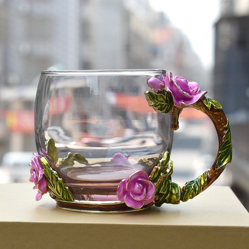 欧式情人a节珐琅彩水杯加厚耐热玻璃杯家用花茶杯子套装女生玫瑰,餐饮具,玻璃杯,淘宝优惠券,粉丝福利购,淘宝优惠卷