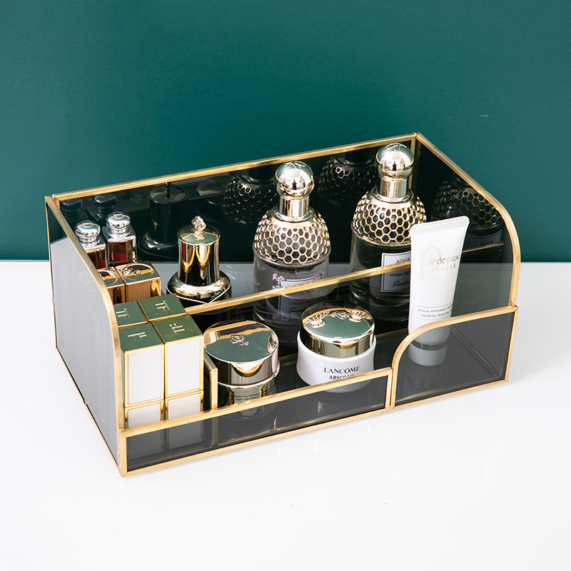 轻奢桌面化妆品收纳盒卧室家用护肤D品置物架透明玻璃大容量收纳