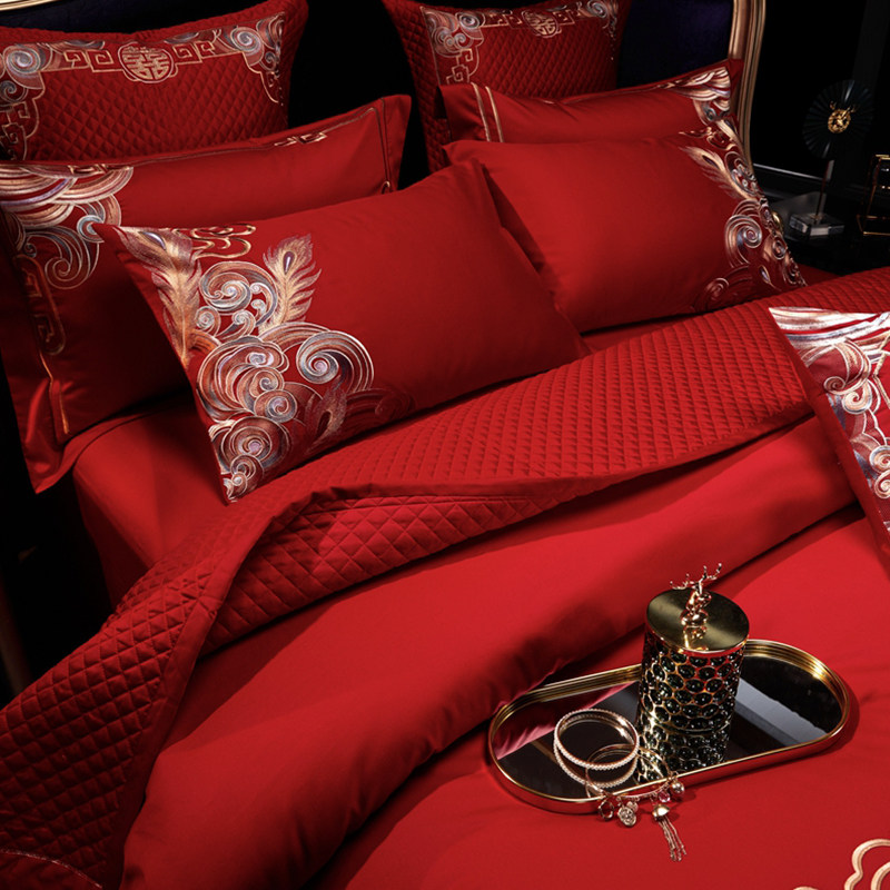 大红新婚庆四件套高档婚房纯棉刺绣被套陪嫁10R0支长绒棉床上用品