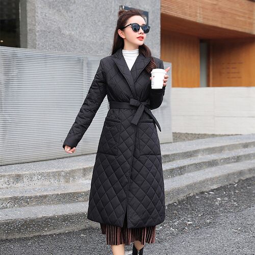 极速Super Long straight winter coat with rhombus pattern Cas