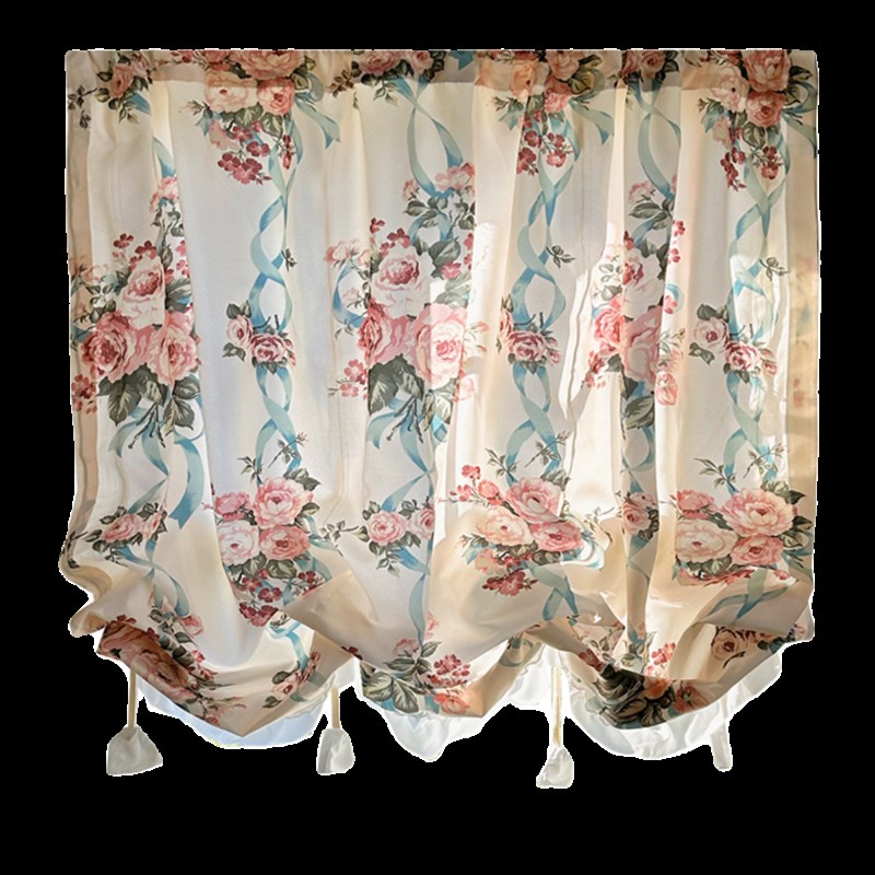 法式复古b大花碎花拱形门帘抽绳提拉帘美式窗帘短帘半帘店铺装饰