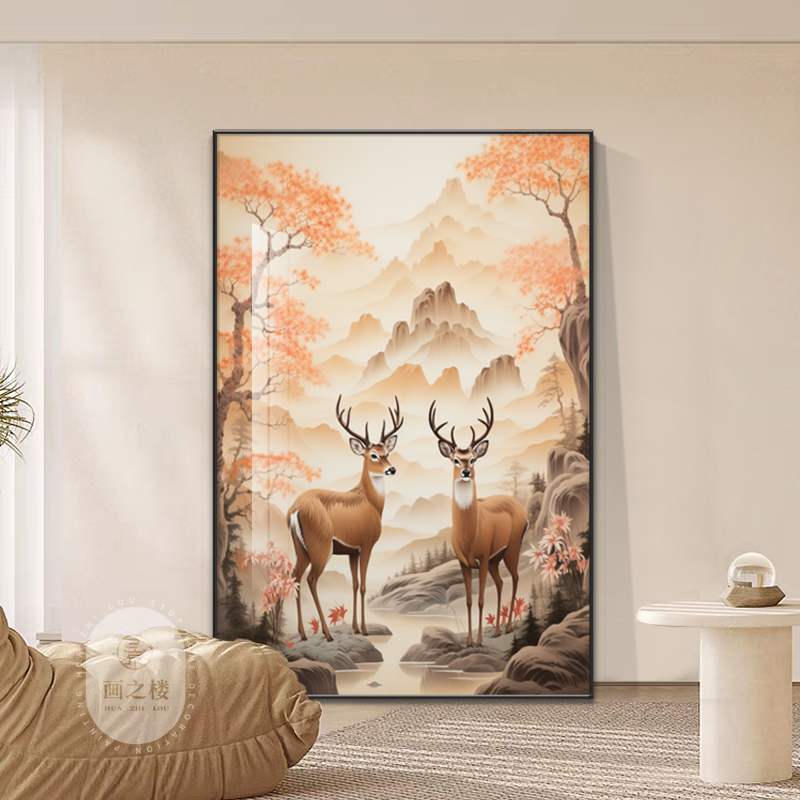 福禄呈祥装饰画麋鹿高级感油画z入户玄关挂画客厅沙发大尺寸落地图片