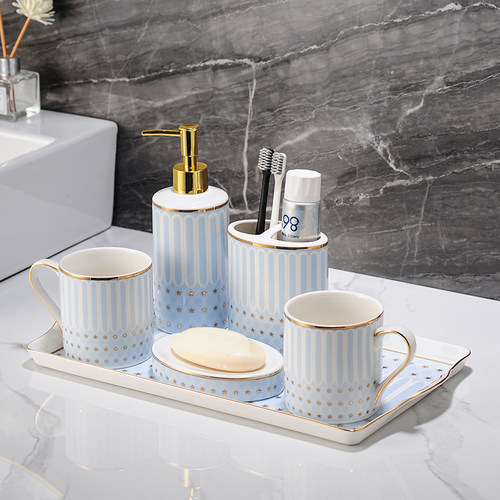 洗漱杯套装漱口杯卫生间轻奢陶瓷卫浴五件套用Q品浴室摆件托盘牙