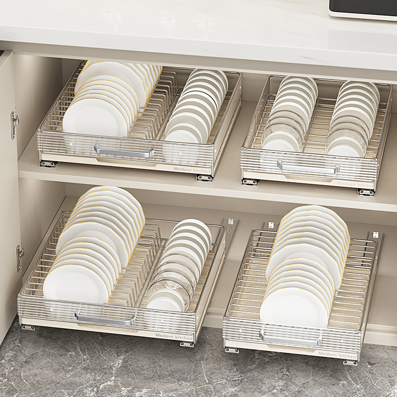 厨房碗碟收纳层架沥水碗架子不u锈钢家用整体橱柜内置抽拉式碗篮2