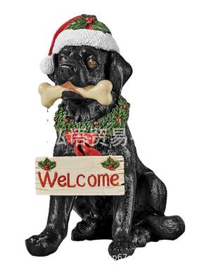 独立站新品戴圣诞老人帽子的假日欢迎牌狗黑色雕像树脂工艺品