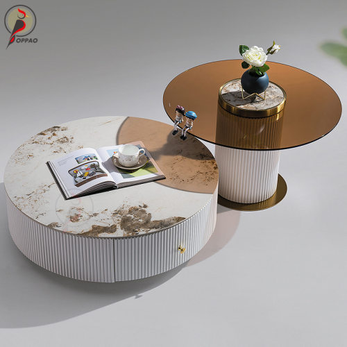 轻奢岩板茶几电视柜组合现代简约创意客厅家用大小户型圆形茶几桌