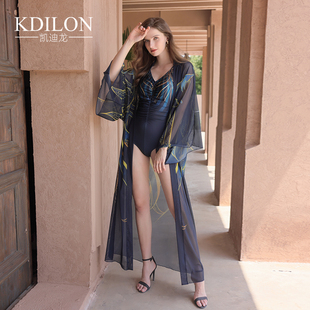 凯迪龙连体游泳衣女装 保守性感遮肚显瘦复古温泉三角露背烫金女