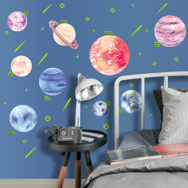 个性新款太阳系星球天花板夜光贴 儿童房卧室玄关九大行星墙贴