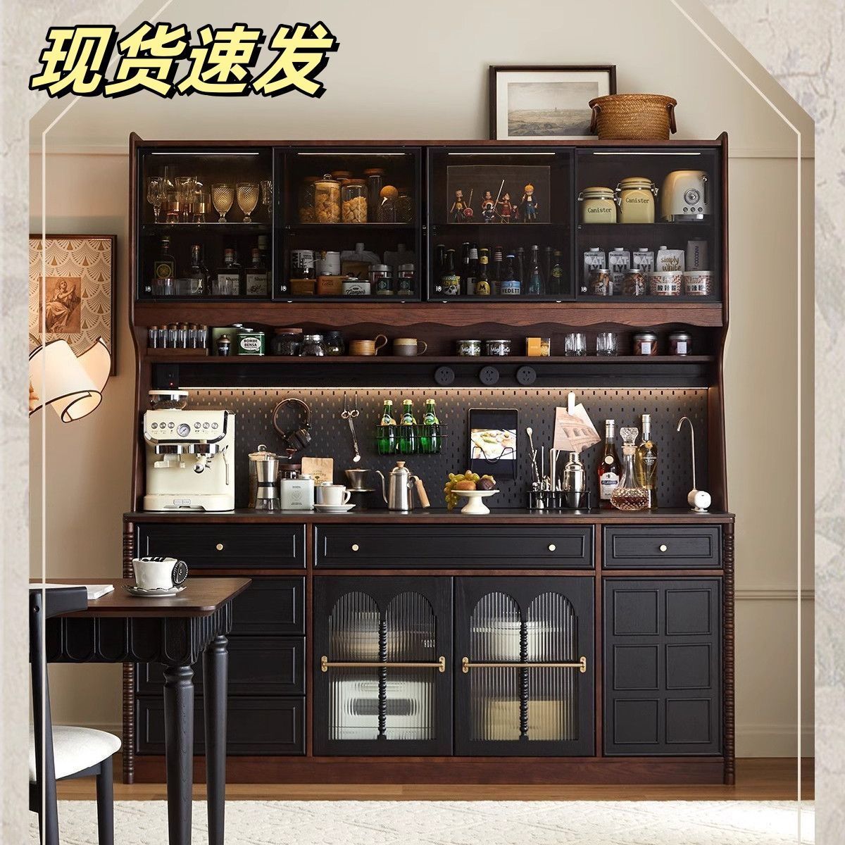 北欧中古餐边复古简约收纳法式实木客厅靠墙一体酒柜茶水厨房咖啡