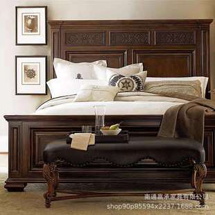 美式乡村实木床卧室双人床1.8米法式复古做旧雕花婚床橡木家具