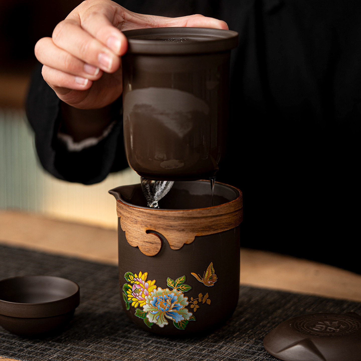 紫砂旅行茶具套装一壶六杯快客杯家用便携式户外旅游功夫遇热变色