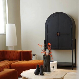 RH北美复古黑实木餐边柜法式简约玄关柜客厅靠墙拱形中古酒柜家具