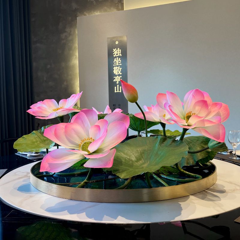 热销新款酒店大圆桌摆件假花餐桌花摆花装饰品中间转盘微景观荷花