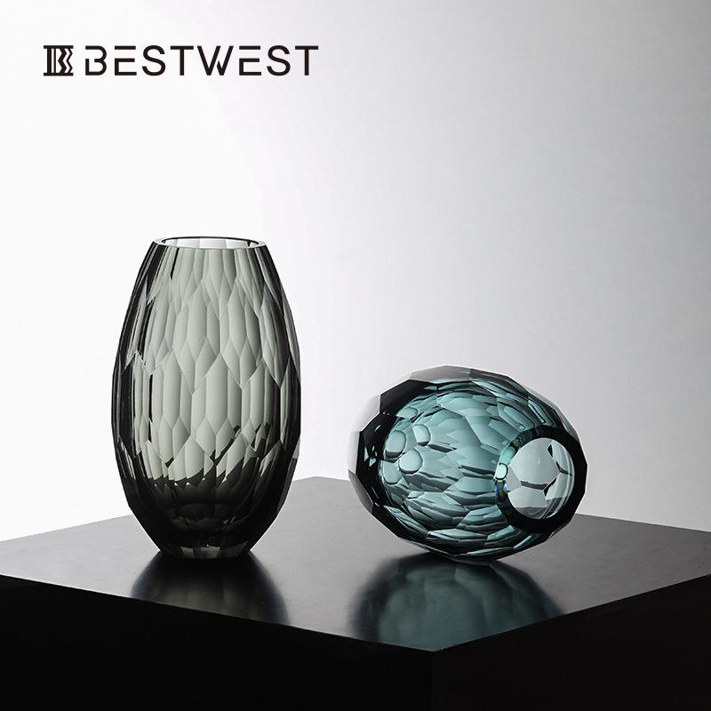 Bestwest加厚椭圆形轻奢玻璃花瓶摆件样板房家居软装饰品花器