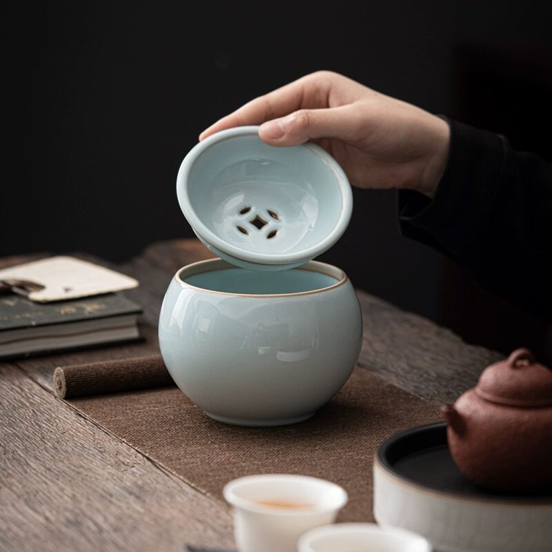 汝窑建水茶渣缸茶洗家用茶钵日式钧窑带盖过滤建水茶渣碗功夫水孟