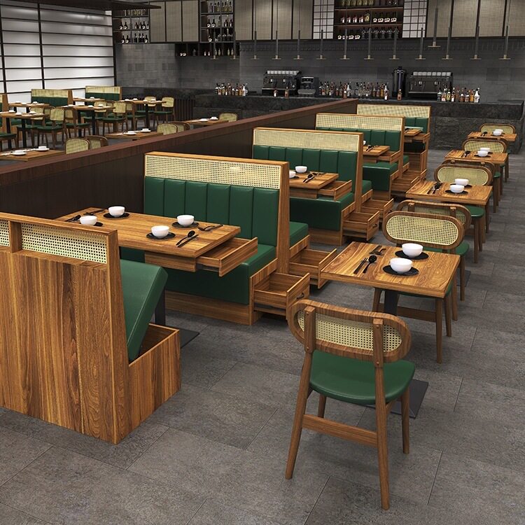 上海杭州卡座沙发订置实木编藤茶楼餐厅日料咖啡店火锅店桌椅组