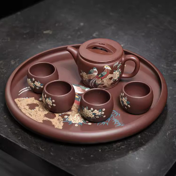 宜兴原矿紫砂壶茶壶茶盘套装茶具纯手工泥绘家用功夫泡茶壶汉瓦壶