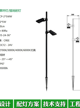 户外防水LED双头地插灯2*5W别墅酒店庭院灯DC12-24V2700K照树灯