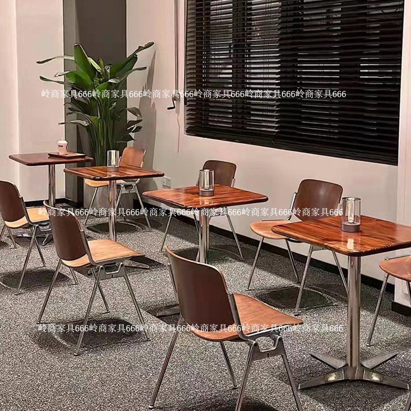 复古咖啡厅实木小方桌烘培甜品店清吧桌椅组合餐厅不锈钢餐桌椅