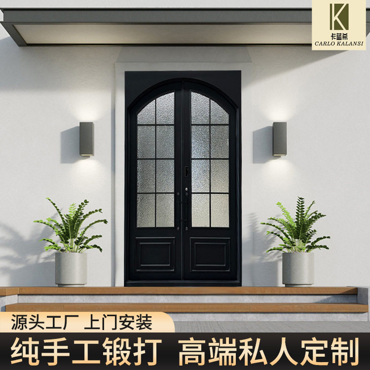 铁艺门纯手工锻打推拉门别墅玻璃门源头工厂跨境订置订置门进户门