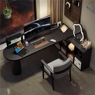 黑色转角书桌带柜子实木电脑桌家用l型拐角办公桌卧室梳妆台一体