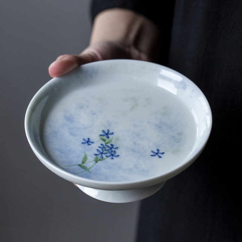 火宴烽 手绘高足雪星花果盘点心盘壶承茶道配件陶瓷单个甜品台