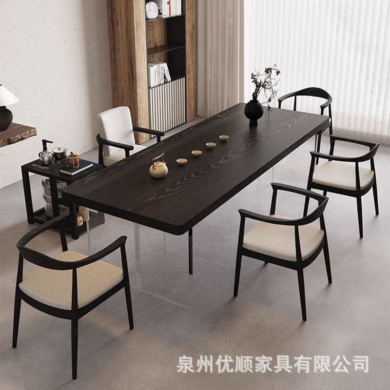 亚克力悬浮茶台茶桌椅组合家用客厅实木碳化新中式接待大板茶桌
