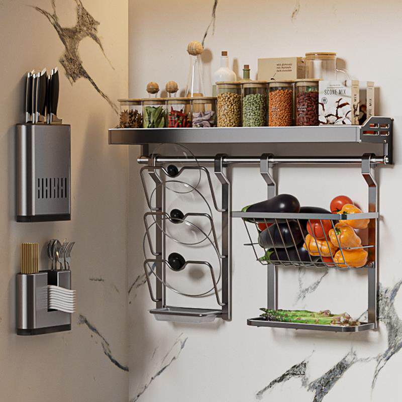枪灰厨房置物架壁挂式免打孔调料品罐多功能墙上收纳架子锅盖刀架