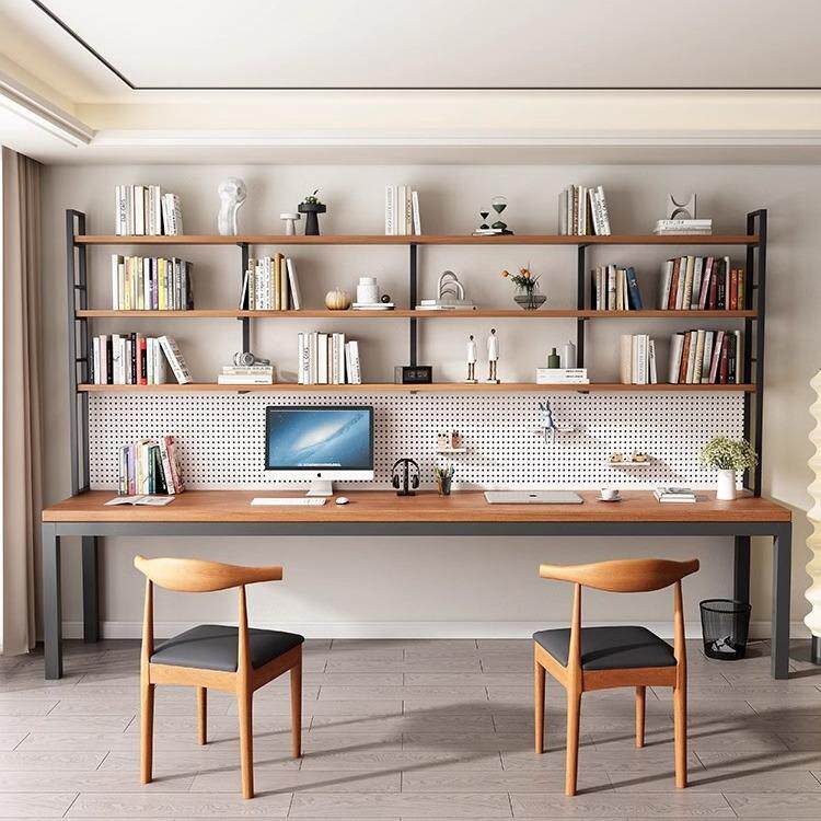 实木书桌学生家用写字桌卧室书柜一体桌子带书架洞洞板电脑桌