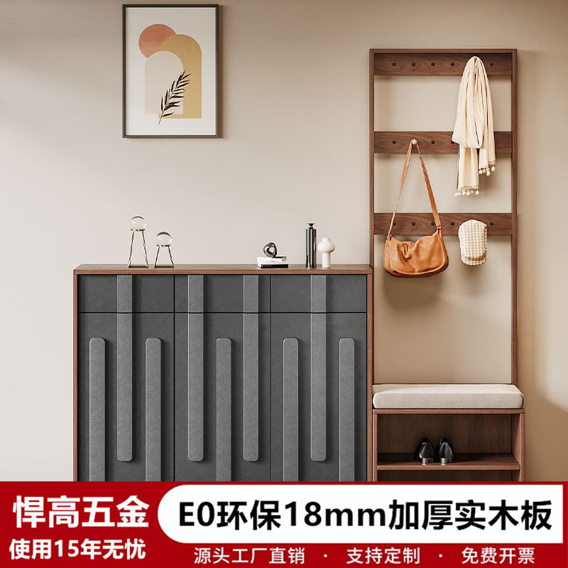新中式实木入户鞋柜带挂衣架换鞋凳一体落地家用门口玄关柜储物柜