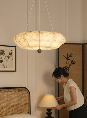 兰花卧室吊灯复古原木风实木南洋风餐厅灯法式中古风印花布艺灯具