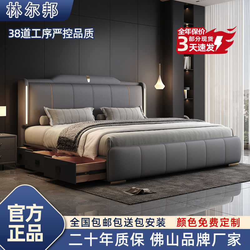 意式轻奢现代简约高端储物卧室成套家具双人主卧家用婚床+床头柜