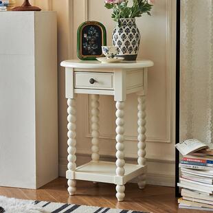法式奶油风实木圆几客厅沙发边柜角几白色高低实木花架植物摆放架