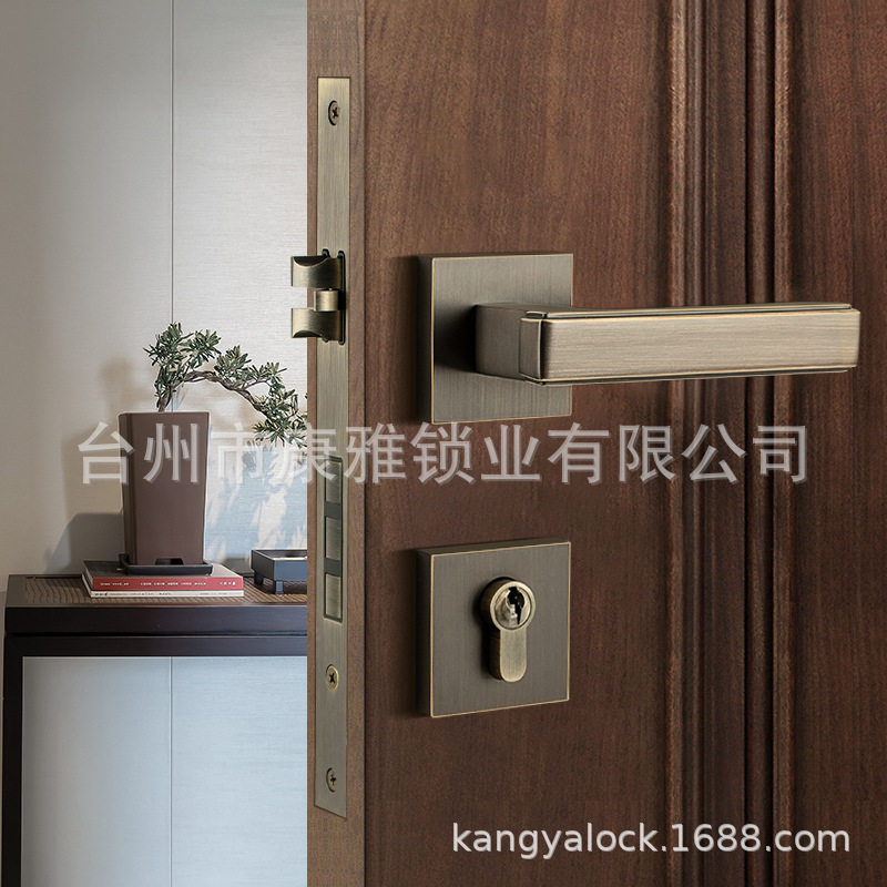 现货批发新中式古铜色门锁黄铜室内简约静音门把手磁吸卧室房门锁