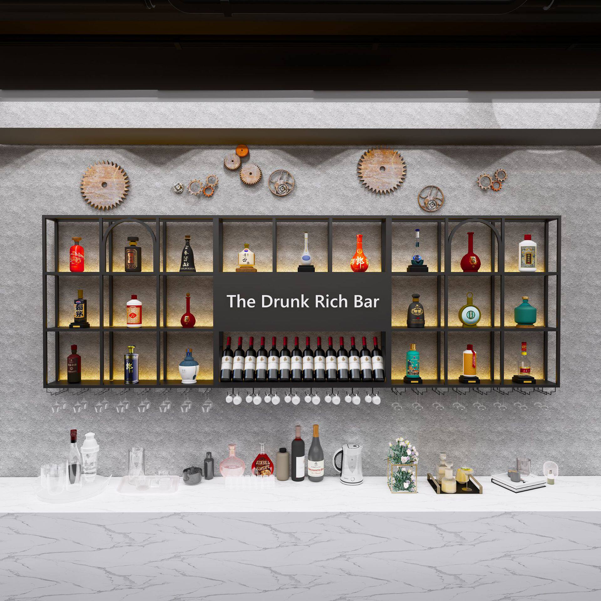 酒吧吧台靠墙上酒架壁挂式红酒柜铁艺展示架餐饮店台球馆置物架子