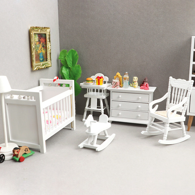 1:12娃娃屋dollhouse迷你家具白色儿童房套装小床摇椅摇马柜子