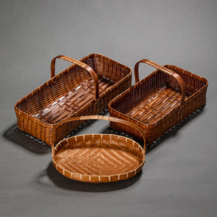 复古手提竹篮竹编收纳筐水果篮 手作家用菜篮提篮 大漆茶具收纳篮