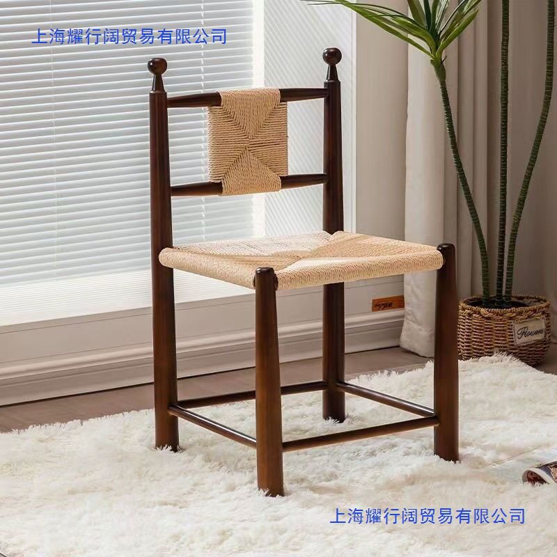 设计师中古实木编藤餐椅法式复古风草藤书桌椅民宿咖啡厅休闲椅子