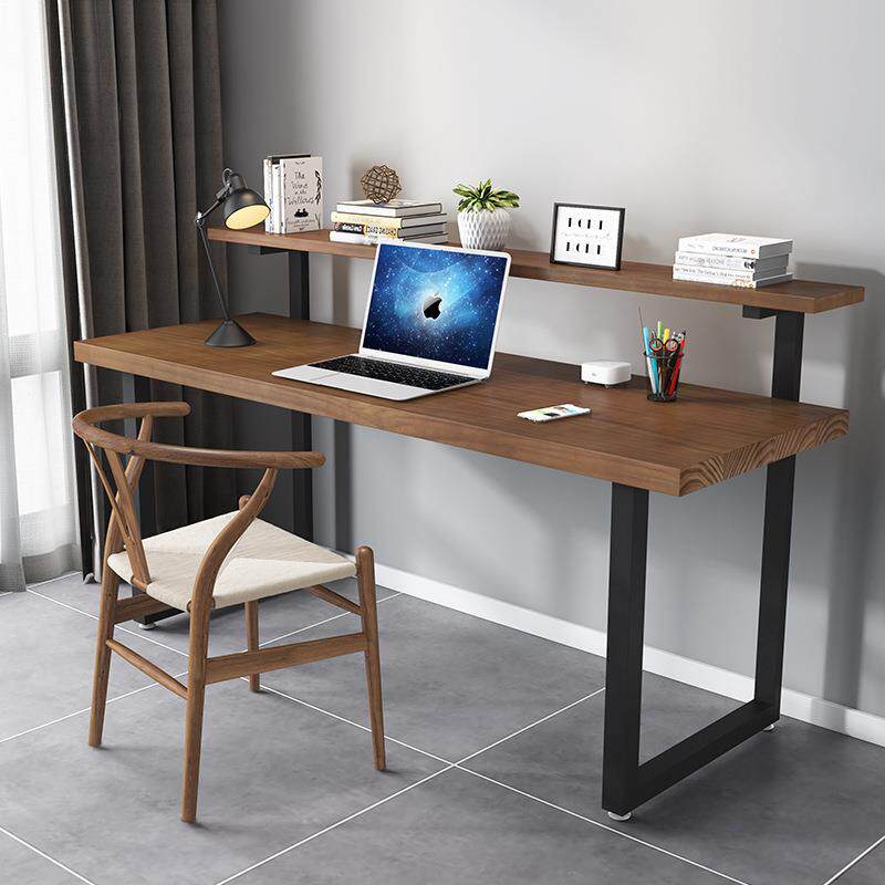 英典实木双层电脑桌美式铁艺办公桌带书架写字台学习桌家用