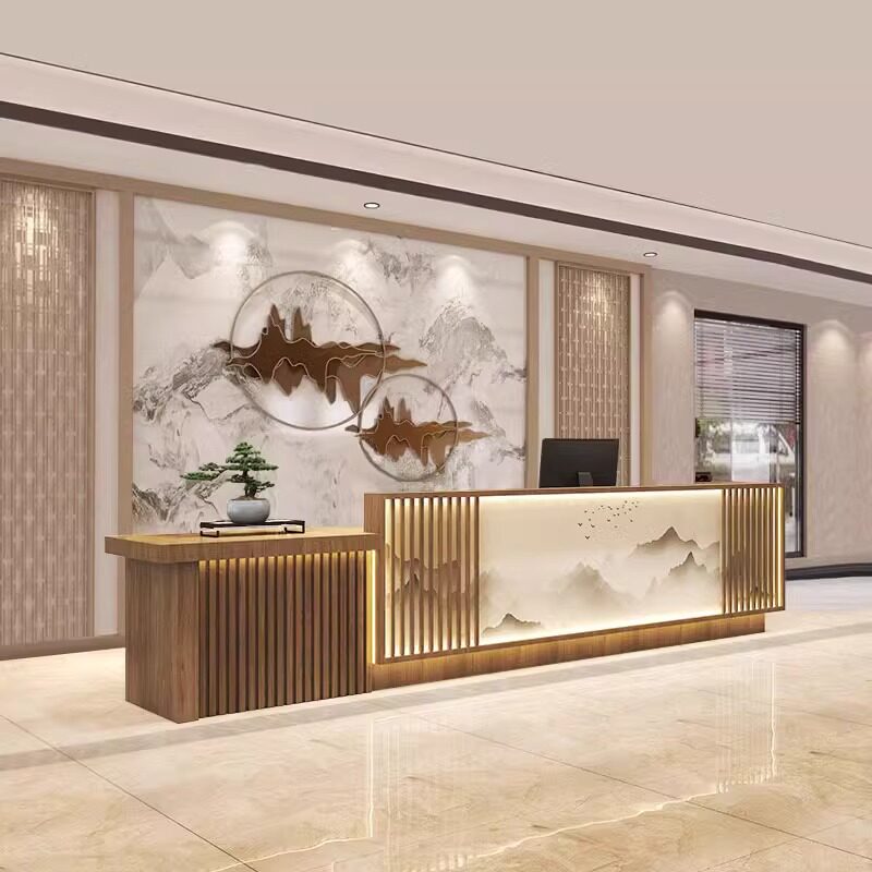 新中式收银台吧台茶台酒店会所前台桌养生馆民宿足浴采耳店接待台