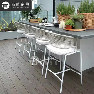 户外别墅露台高脚架桌椅藤编吧台椅露天阳台庭院靠背椅酒吧金属桌
